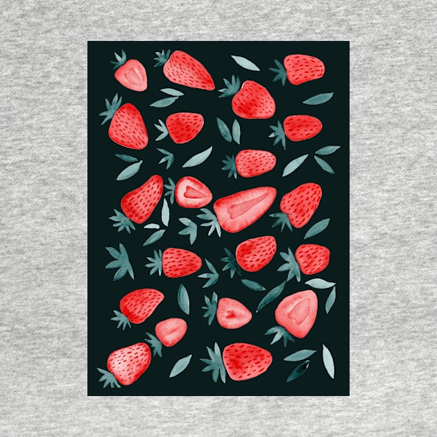 Watercolors strawberries - red and teal on dark background by wackapacka